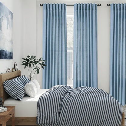 Nanspring Blue Boho Curtains for Bedroom Back Tab Rod Pocket Semi Sheer Linen Curtains 90 Inches Long 2 Panel Set Light Filtering Neutral Dusty Blue Farmhouse Drapes for Living Room 40x90 Inches