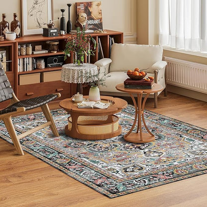Washable Area Rug 5' x 7' Vintage Traditional Persian Mat - Foldable Distressed Non-Slip Machine Washable Carpet for Living Room Bedroom Kitchen Home Decor - Slate and Multicolor