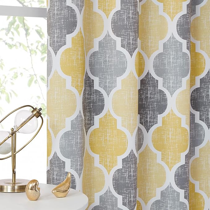 Beauoop 100% Blackout Curtains 96 Inches Long 2 Panels for Bedroom Living Room Yellow Grey Moroccan Geo Room Darkening Thermal Insulated Soundproof Rod Pocket Back Tab Window Treatments Drapes, 50x96