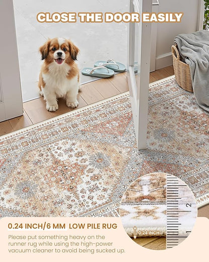 4x8 Rug for Bedroom,Wide Runner Rug for Hallway, Non Slip Washable Runner Rug for Living Room, Low Pile Soft Entryway Kitchen Rug, Vintage Home Decor Mat for Dining Room(Orange,4'x8')