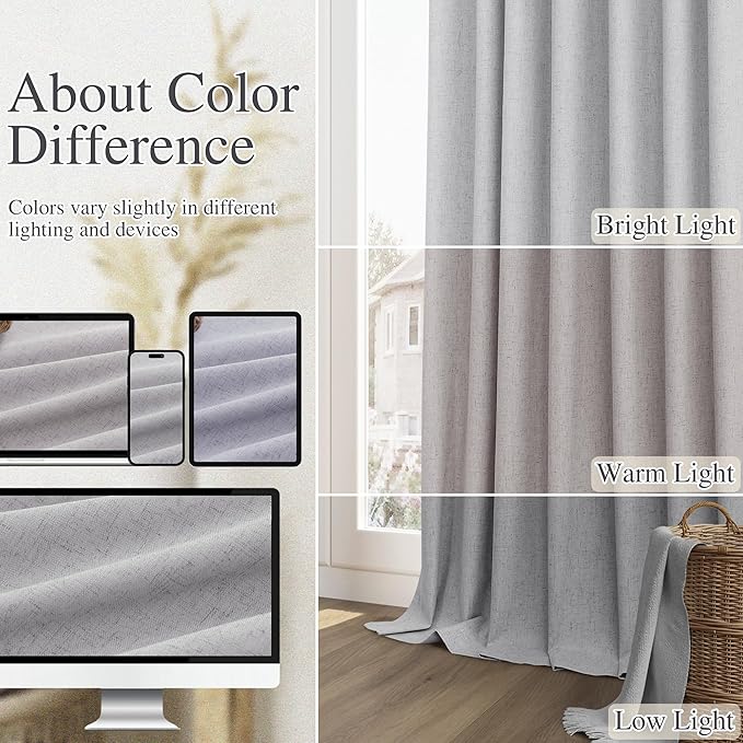 Guken Grey 100% Blackout Curtains 96 Inch Length 2 Panels Set for Living Room Bedroom Back Tab Thermal Insulated Black Out Linen Drapes Room Darkening Window Curtains 96 Inches Long