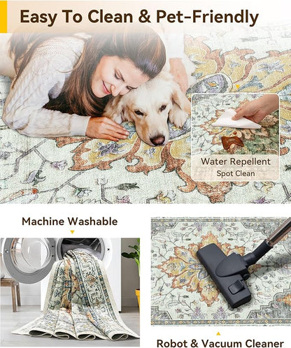 Area Rugs 2'6''x8' Runner Rug Non Slip Washable for Kitchen Hallway Bedroom Beside Laundry Room Bathroom Rug, Floor Carpet, Light Yellow Carbon Grey Orange