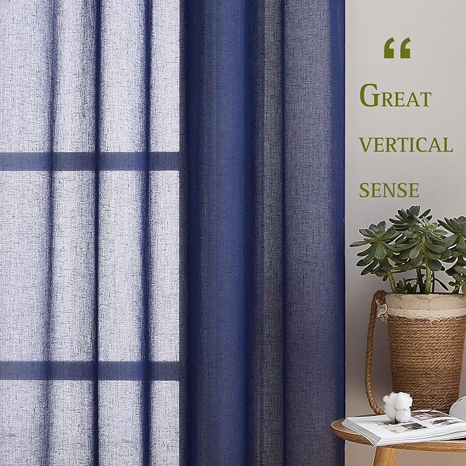 NICETOWN Natural Open Linen Weave Flax Textured Sheer Window Curtains, Medium Long Privacy Semi-Transparent Sheer Panels for Farmhouse / Bedroom, Total 2 Panels, Dark Blue,W52 x L72