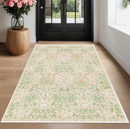 Hazo Haus Beige Green Bedroom Rug 5x7 Area Rug for Living Room, Vintage Washable Floral Rugs for Nursery, Dining Room, Light Green Non Slip Stain Resistance Distressed Retro Low Pile Floor Mat Indoor