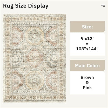 9x12 Area Rugs for Living Room, Non Slip Machine Washable Vintage Rugs, Low Pile Lightweight Large Rug for Bedroom, Dining Room, Home Office Brown Pink