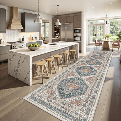 Carpet Runners for Hallway 12ft, Non-Slip Long Bathroom Rugs Runner for Kitchen, Living Room, Soft Vintage Washable Rug for Entryway, Thin Floor Mat for Dining Room(Blue/Red,2.5'x12')