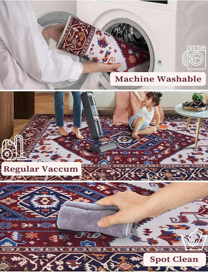SERISSA Runner Rug for Hallways, 2'6"x12' Washable Non Slip Runner Rug, Extra Long Boho Rug Ultra Soft Vintage Burgundy Navy Print Floor Carpet for Bedroom Hallway Entryway Bathroom Laundry Room