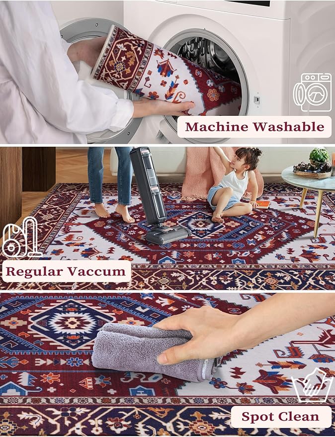 SERISSA Runner Rug for Hallways, 2'6"x8' Washable Non Slip Kitchen Runner Rug, Long Boho Rug Vintage Burgundy Navy Hallway Stair Ultra Soft Print Floor Carpet for Bedroom Bathroom Laundry Room