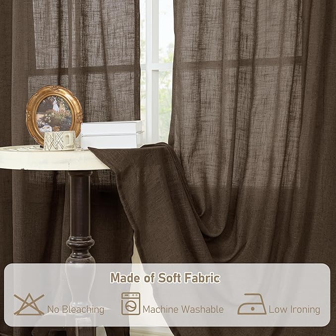 LAMIT 54 Inch Length Linen Curtains for Small Window, Semi Sheer Light Filtering Panels Back Tab and Rod Pocket Neutral Drapes for Bedroom, Dark Brown, 2 Panels, 34 x 54 Inch