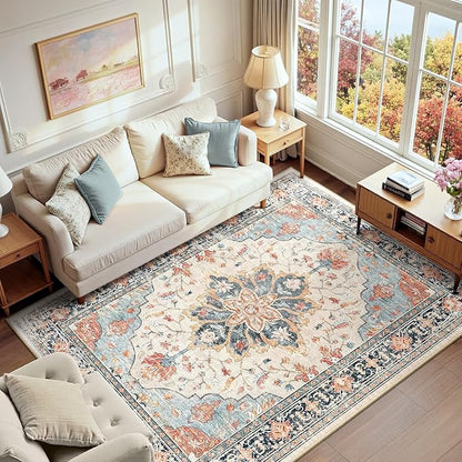RELEANY Area Rugs 6'x9' Washable Non-Slip, Floral Vintage Distress Print Pattern Medallion Carpet for Living Room Bedroom Dining Room, Beige Navy Blue Orange Colorful