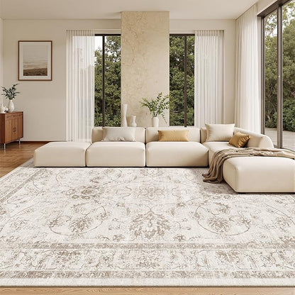 Madane Living Room 10x14 Area Rugs,Washable Low Pile Non-Slip Stain Resistant Extra Large Thin Rug, Vintage Soft Throw Carpet for Dining Room Bedroom Farmhouse Home Office Decor (10 x 14, Brown/Ivory)