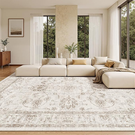 Madane Living Room 10x14 Area Rugs,Washable Low Pile Non-Slip Stain Resistant Extra Large Thin Rug, Vintage Soft Throw Carpet for Dining Room Bedroom Farmhouse Home Office Decor (10 x 14, Brown/Ivory)