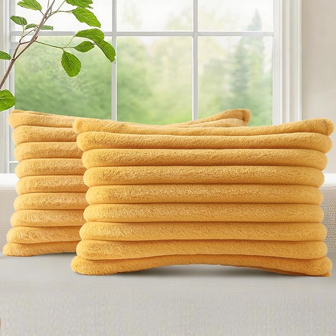 decorUhome Summer Cozy Faux Fur Throw Pillow Covers 12x20 Set of 2 Decorative Plush Striped Lumbar Modern Farmhouse Boho Couch Pillow Cases with Velvet Back for Sofa Bed Living Room, Mustard Yellow