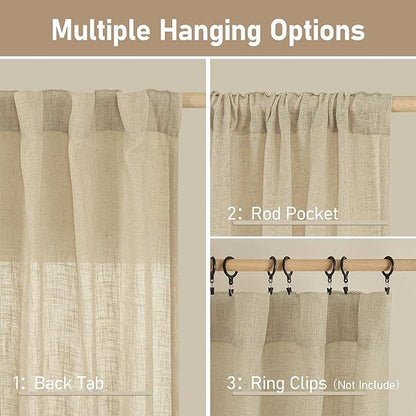 LAMIT 30 Inch Cafe Linen Curtains for Kitchen Window, Semi Sheer Light Filtering Short Curtains Back Tab and Rod Pocket Neutral Drapes for Bathroom/Basement, 2 Panels, Linen, 34 x 30 Inch