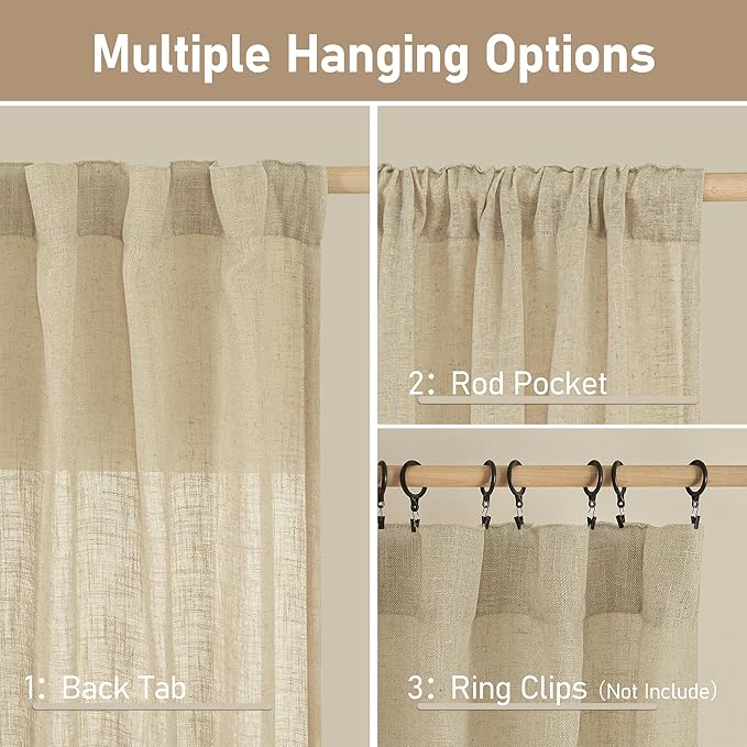 LAMIT Light Filtering Linen Curtains 72 Inches Long for Bedroom, Linen Textured Semi Sheer Back Tab and Rod Pocket Boho Drapes for Window/Living Room, Linen, 2 Panels, 34 x 72 Inch