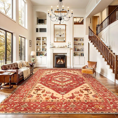 SERISSA 9x12 Area Rugs for Living Room, Large Washable Non-Slip Boho Rug, Ultra Soft Vintage Red Oriental Tribal Print Distressed Carpet for Dining Room Bedroom Dorm Office Home Decor