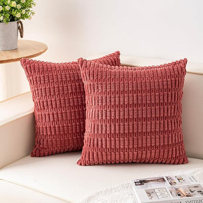 Pack of 2 Corduroy Decorative Throw Pillow Covers 22x22 Inch Soft Striped Pillow Covers Modern Farmhouse Home Decor for Sofa Living Room Couch Bed（Cranberry Red）