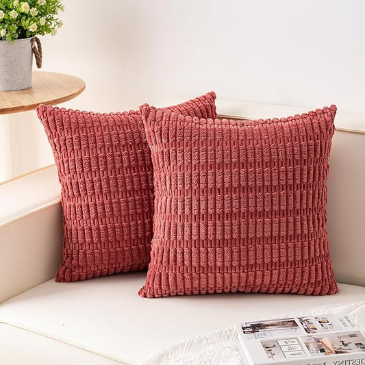 Pack of 2 Corduroy Decorative Throw Pillow Covers 24x24 Inch Soft Striped Pillow Covers Modern Farmhouse Home Decor for Sofa Living Room Couch Bed（Cranberry Red）