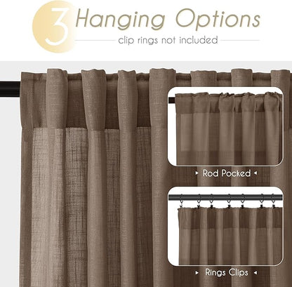 Chocolate Brown Linen Curtain 120 inch Length 2 Panels Back Tab Light Filtering Living Room Curtain Drapes Home Office Modern Minimalist Decor Farmhouse Boho Neutral Semi Sheer Curtain 120 inch Long