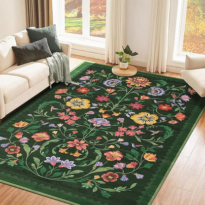 GarveeHome Washable Rug 3x5 Area Rugs for Living Room, Floral Rug for Bedroom, Soft Boho Non Slip Throw Rugs with Rubber Back, Low Pile Stain Resistant Vintage Floral Carpet for Dining Room, Green