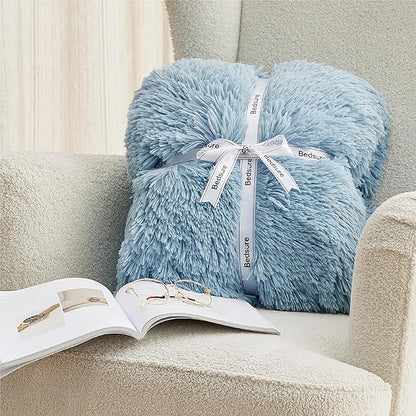Bedsure GentleSoft Fuzzy Sherpa Faux Fur Blue Twin Blanket Cozy Gifts for Women Men, Soft Fleece Plush Warm Minky Thick Blanket Twin Size for Bed, Couch, Room Decor Dorm Essentials Blue Gifts, 60x80
