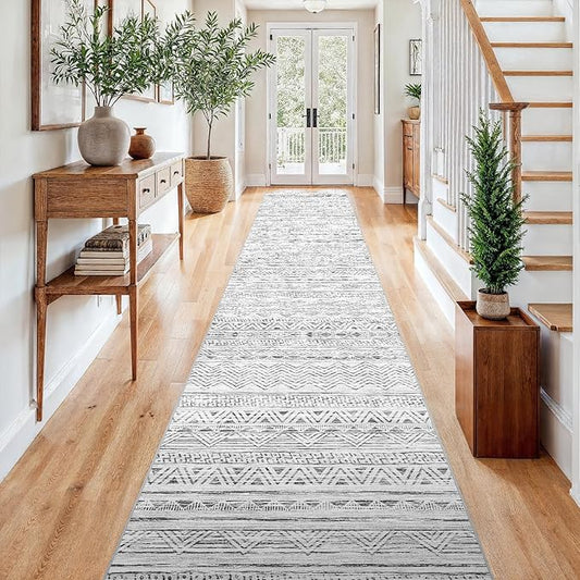 3x15 Washable Kitchen Runner Rug: Modern Moroccan Runners for Hallway Soft Non Slip Rugs with Rubber Backing Low Pile Thin Waterproof Floor Carpet for Entryway Bedroom Bathroom Indoor 3x15 Grey