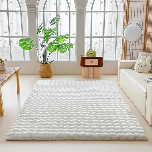 White Rabbit Plush Rug 5'x8', Fluffy Faux Fur Shaggy Area Rug for Nursery, Kids Room Decor, Soft Fuzzy Carpet for Living Room, Bedroom, Teen Girls Room
