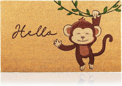 Monkey - 17"x29" - Coir Door Mat with Heavy Duty Backing - Welcome Mats for Entryway, Porch - Anti-Slip PVC & Coconut Fiber Surface - Natural Home Accessories, Minimalist Original Design