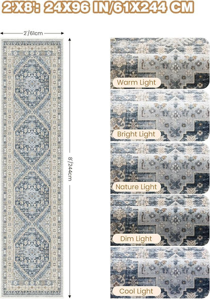 Runner Rug 2x8 Runners for Hallways Non Slip Washable, Vintage Hallway Runner Rugs for Living Room, Low Pile Soft Hallway Rug for Kitchen Bedroom Laundry Room(Blue/Beige,2'x8')