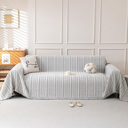 Boho Chenille Couch Cover for Dogs, Non Slip Sofa Cover, Couch Slipcover Covers for 3 Cushion, Furniture Protector with Tassels for Pets Washable, 71"x118", Fishbone Grey