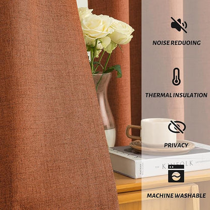 Yakamok Burnt Orange Linen Curtains 100% Blackout 84 Inches Long,Room Darkening Textured Curtains for Living Room Thermal Grommet Bedroom Curtains 2 Panels with White Liner