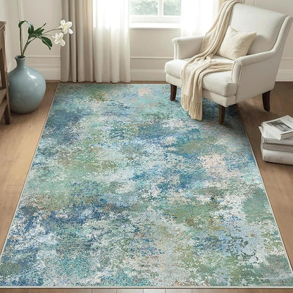 Area Rugs 5x7 for Living Room Bedroom, Modern Abstract Machine Washable Rug, Large Soft Low Pile Floor Carpet with Non Slip Backing for Dining Room, Blue Green