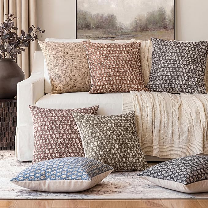 Foindtower Set of 2 Decorative Vintage Floral Print Throw Pillow Covers Neutral Modern Farmhouse Cushion Covers Boho Home Decor for Sofa Couch Chair Bedroom Living Room,20×20 Inch,Ivory Beige