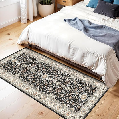 Washable 2x5 Entryway Runner Rug: Stain Resistant Carpet with Non Slip Backing for Kitchen Hallway Soft Low Pile Throw Mat for Floor Durable Indoor Mat for Living Room Bedroom Bathroom (Black, 2x5)