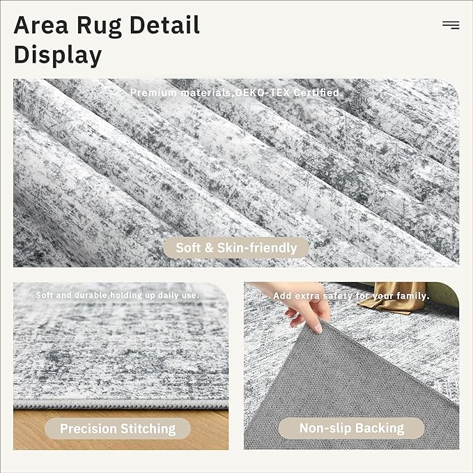 7x9 Area Rug for Living Room Washable Abstract Vintage Soft Thin Indoor Floor Non-Slip Carpet for Bedroom Dining Room Grey