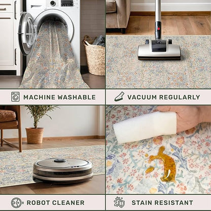 Beige Blue Living Room Rug 5x7, Cottage Area Rug for Bedroom, Vintage Washable Floral Mat for Nursery, Office, Low Pile Non Slip Stain Resistance French Country Style Retro Indoor (5x7 Beige Blue)