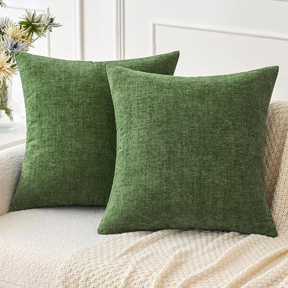 MIULEE Pack of 2 Couch Throw Pillow Covers 20x20Inch Soft Moss Green Spring Chenille Pillow Covers for Sofa Living Room Solid Dyed Pillow Cases