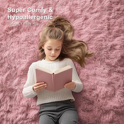 OLANLY 3x5 Machine Washable Small Bedside Rug, Soft Fluffy Shaggy Rugs for Living Room, Bedroom, Indoor Floor Carpet for Kids Girls and Boys, Preppy Dorms, Nursery, Home Decor Aesthetic, Pale Pink