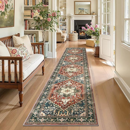 Yamaziot Washable Runner Rug, 2x10 Non-Slip Boho Vintage Hallway Rug Runner with Rubber Backing, Stain Resistant & Low Pile Faux Wool Distressed Carpet Runner for Kitchen, Laundry, Entrance