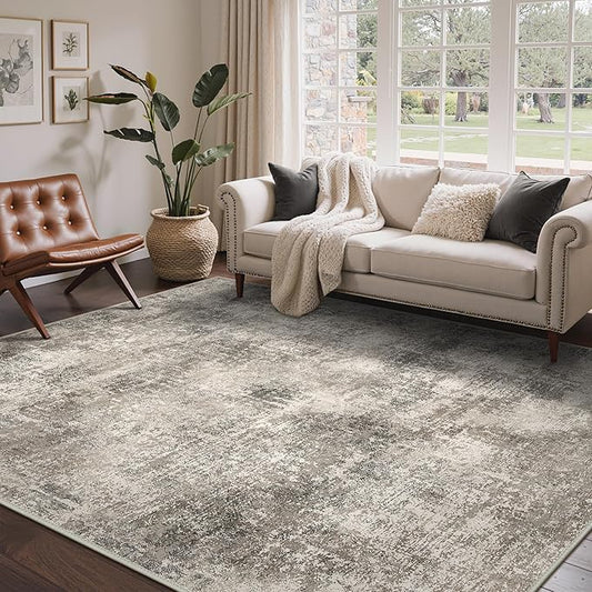 Area Rugs 9x12 for Living Room Bedroom, Modern Abstract Machine Washable Rug, Large Soft Low Pile Floor Carpet with Non Slip Backing for Dining Room, Grey