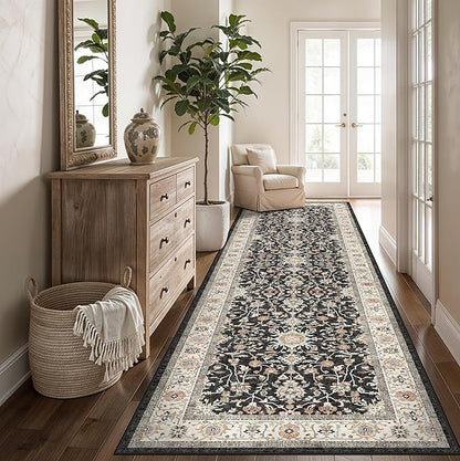 Washable 3x10 Hallway Runner Rug: Black Vintage Rug Runner Ultra Soft Low Pile Stain Resistant Carpet for Kitchen Living Room Bedroom Entryway Durable Thin Indoor Floor Mat (Black, 3x10)
