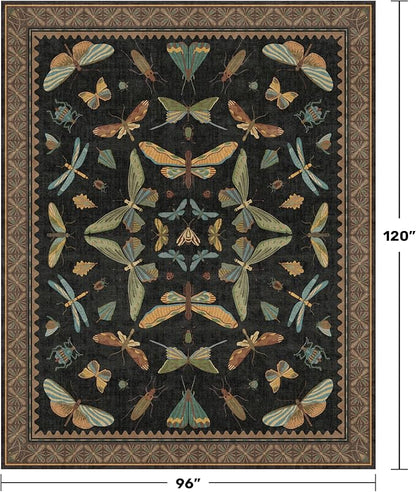 Hazo Haus Black Washable Insect Area Rugs 8x10 for Living Room, Bedroom, Dining Room Under Table, Playroom, Large Dark Whimsical Boho Indoor Rug, Ultra Soft Low Pile Non Slip