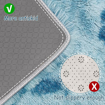 Super Soft Fluffy Living Room Area Rug 2x5 ft Tie-Dyed Light Blue Shaggy Furry Carpet Washable Non-Slip Floor Rugs Bedroom Bedside Nursery Rug Fuzzy Girls Boy Dorm Home Decor Aesthetic