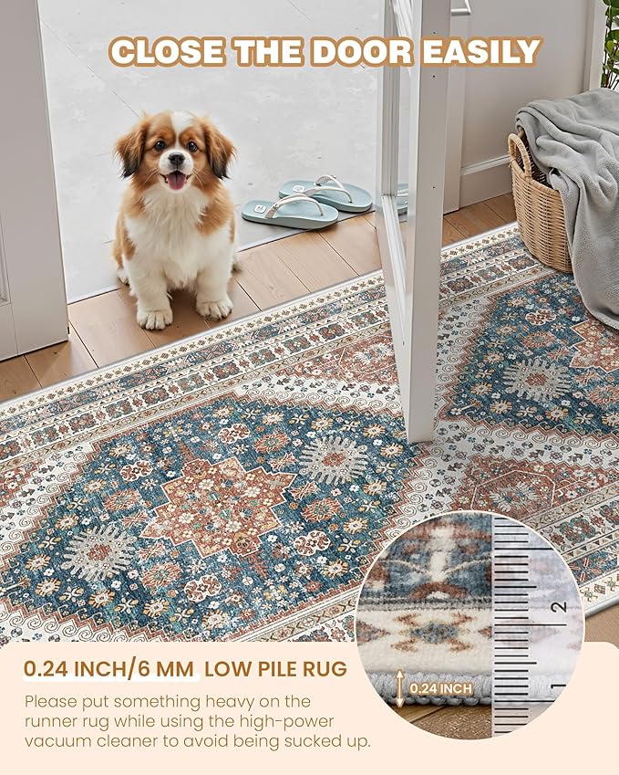 Runner Rug 2x10, Ultra-Thin Kitchen Rugs Non Slip Washable Rugs for Entryway Rug, Kitchen Runner Low Pile Vintage Soft Carpets for Living Room, Bathroom Bedroom (Blue/Red,2'x10')