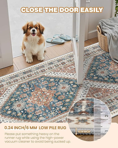 Runner Rug 2x10, Ultra-Thin Kitchen Rugs Non Slip Washable Rugs for Entryway Rug, Kitchen Runner Low Pile Vintage Soft Carpets for Living Room, Bathroom Bedroom (Blue/Red,2'x10')