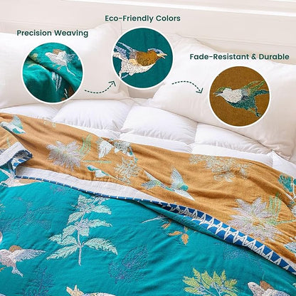 MSGKV The Boho Layer: 60"x80" Cotton Throw Blanket – Full Size for Couch Snuggles, Twin Bed Topper | Lightweight & Breathable Reversible Aviary Botanical Pattern, Decorative Accent