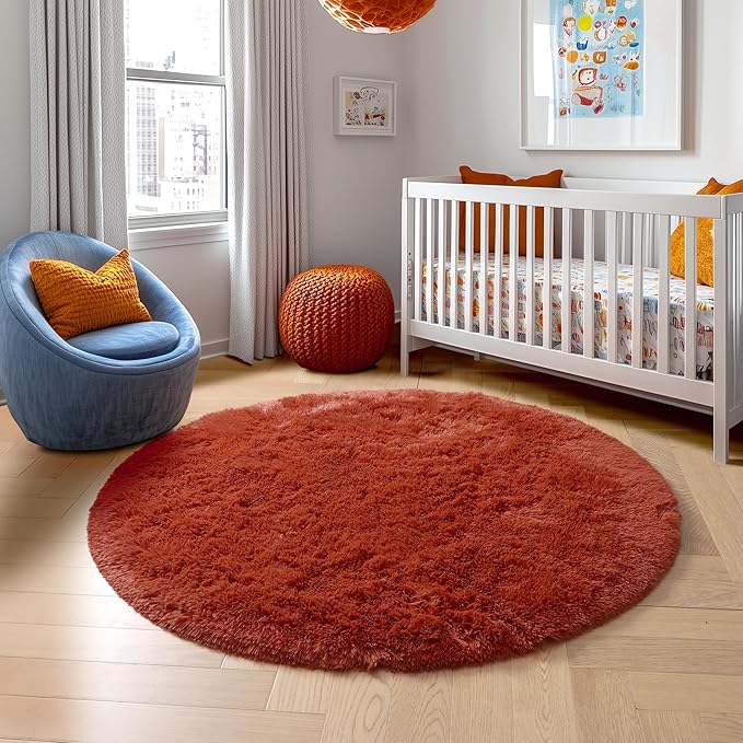 Amdrebio Terracotta Rust Circle Round Rug 4Ft for Bedroom Living Room Aesthetic, Fluffy Fuzzy Thick Shag Area Rugs for Kids Room Decor, Small Plush Furry Shaggy Carpet for Nursery Dorm Classroom