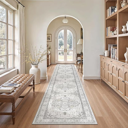 Madane Hallway Runner Rug 2x12, Long Washable Runner Rugs 12ft with Rubber Backing, Non Slip Carpet Runner, Vintage Rug Runners for Kitchen Laundry Room Entryway (Grey, 2'x12')