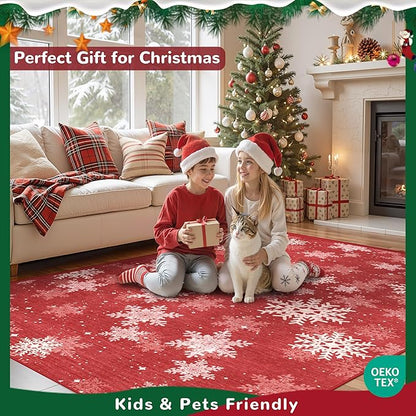 2x3 Christmas Doormat for Entryway, Washable Christmas Rugs Bathroom，Snowflake Front Porch Runner Rug，Non-Slip Red and White Christmas Decor Indoor(2'x3', Red/White)
