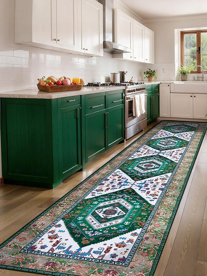 SERISSA Runner Rug for Hallways, 2'6"x12' Washable Non Slip Kitchen Runner Rug, Extra Long Boho Rug Ultra Soft Vintage Green White Print Floor Carpet for Bedroom Hallway Entryway Bathroom Laundry Room